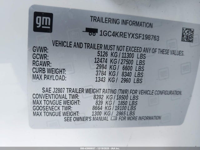 1GC4KREYXSF198763 Chevrolet Silverado 2500hd 4wd Standard Bed High Country