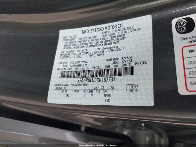 2019 FORD FUSION HYBRID 3FA6P0LU3KR187733 Photo 8
