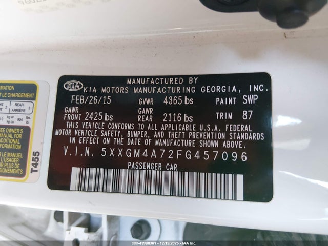 43980301 :رقم المزاد ، 5XXGM4A72FG457096 vin ، 2015 Kia Optima Lx مزاد بيع