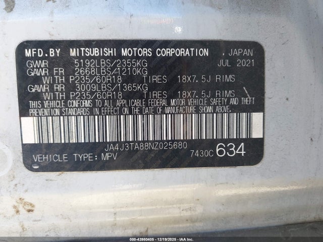 2022 MITSUBISHI OUTLANDER JA4J3TA88NZ025680 Photo 8