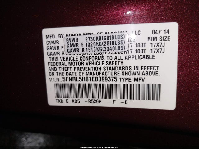 Honda Odyssey Ex-l 2014 5FNRL5H61EB099375 Image 9