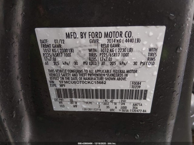 43980498 :رقم المزاد ، 1FMCU0D70CKC15682 vin ، 2012 Ford Escape Xlt مزاد بيع