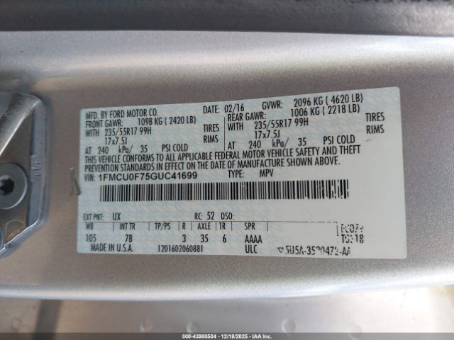 2016 FORD ESCAPE 1FMCU0F75GUC41699 Photo 8