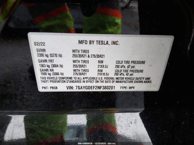 43980538 :رقم المزاد ، 7SAYGDEF2NF380201 vin ، 2022 Tesla Model Y Performance Dual Motor All-wheel Drive مزاد بيع