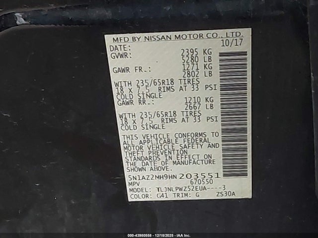 5N1AZ2MH9HN203551 Nissan MURANO S