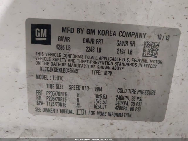 43980585 :رقم المزاد ، KL7CJKSBXLB046445 vin ، 2020 Chevrolet Trax Fwd Ls مزاد بيع