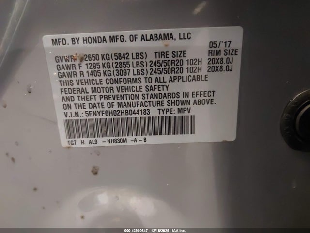 Honda Pilot Elite 2017 5FNYF6H02HB044183 Image 9