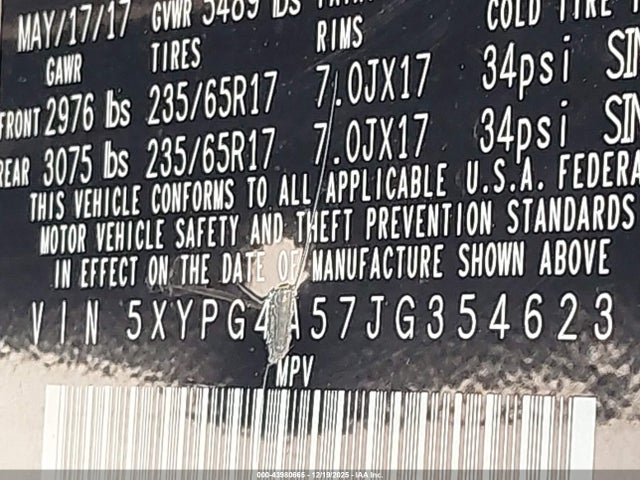 5XYPG4A57JG354623 KIA Sorento 3.3l Lx