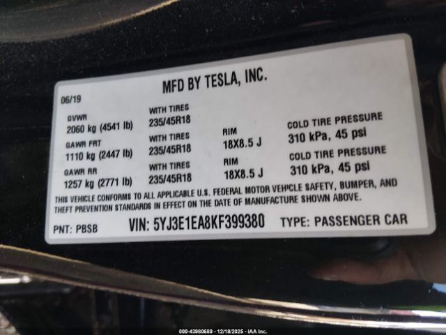 2019 TESLA MODEL 3 5YJ3E1EA8KF399380 Photo 8