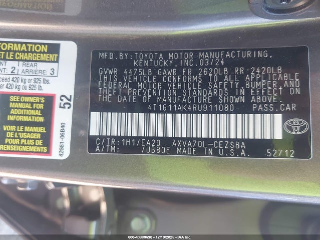 4T1G11AK4RU911080 Toyota CAMRY SE
