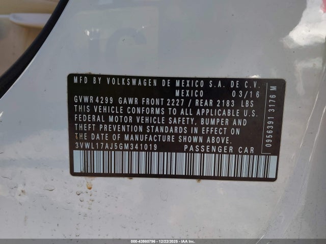 Aukcja sprzedaży 2016 Volkswagen Jetta 1.8t Sel, vin: 3VWL17AJ5GM341019, numer aukcji: 43980796