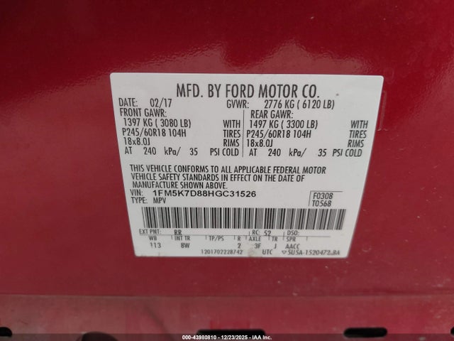 1FM5K7D88HGC31526 Ford EXPLORER XLT