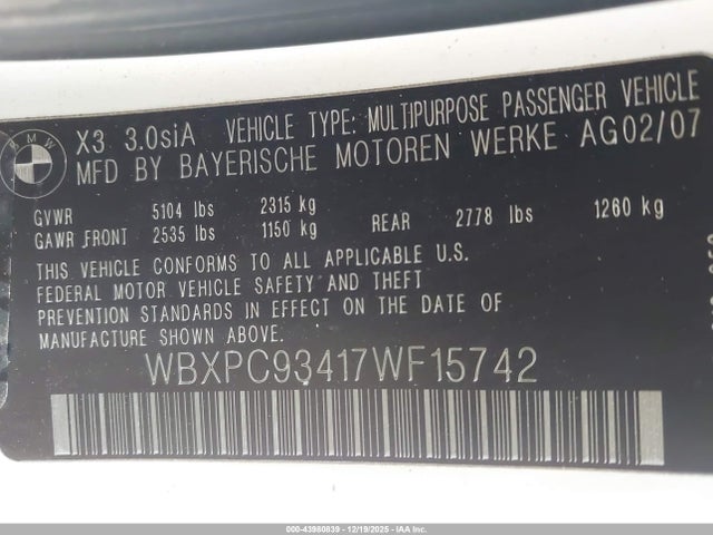 Aukcja sprzedaży 2007 Bmw X3 3.0si, vin: WBXPC93417WF15742, numer aukcji: 43980839