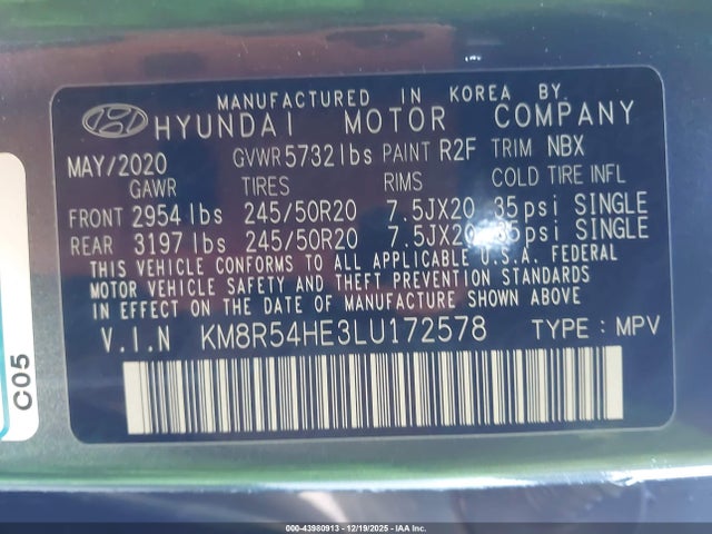 Aukcja sprzedaży 2020 Hyundai Palisade Limited, vin: KM8R54HE3LU172578, numer aukcji: 43980913