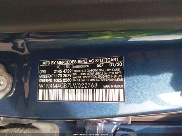 Aukcja sprzedaży 2020 Mercedes-benz Glb 250, vin: W1N4M4GB7LW022768, numer aukcji: 43980951