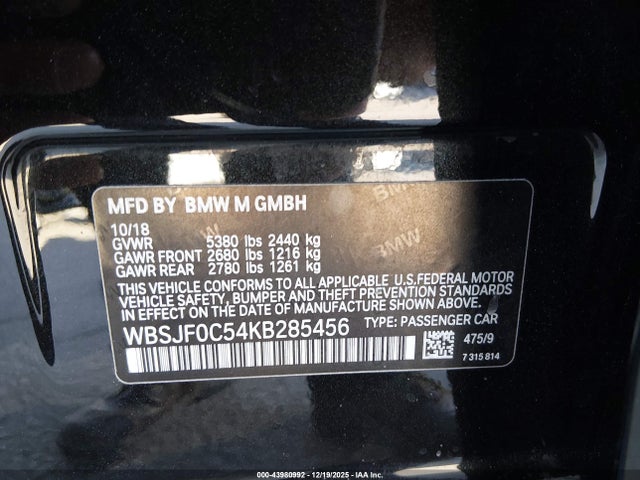 Aukcja sprzedaży 2019 Bmw M5 Competition, vin: WBSJF0C54KB285456, numer aukcji: 43980992