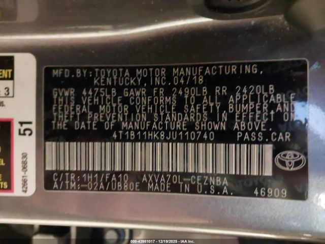2018 TOYOTA CAMRY 4T1B11HK8JU110740 Photo 8