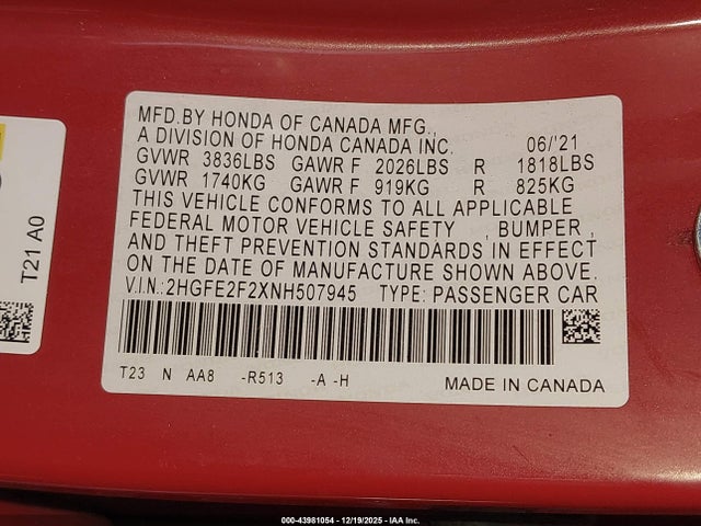 Honda Civic Lx 2022 2HGFE2F2XNH507945 Image 9