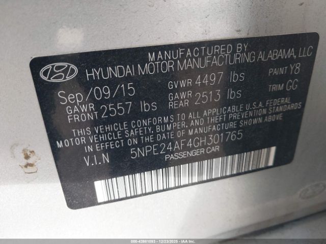 2016 HYUNDAI SONATA 5NPE24AF4GH301765 Photo 8