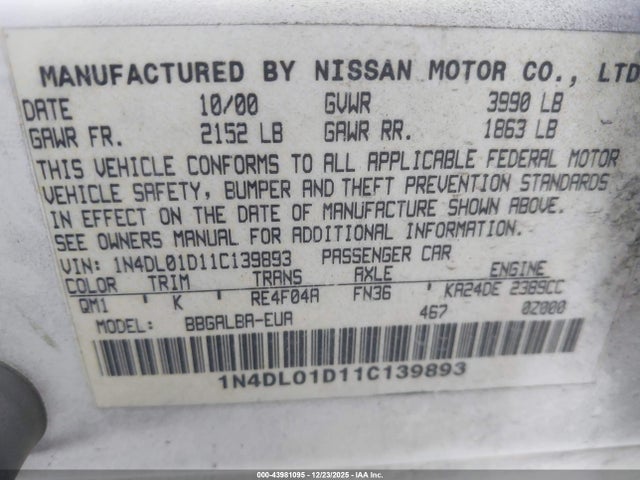 2001 NISSAN ALTIMA 1N4DL01D11C139893 Photo 8