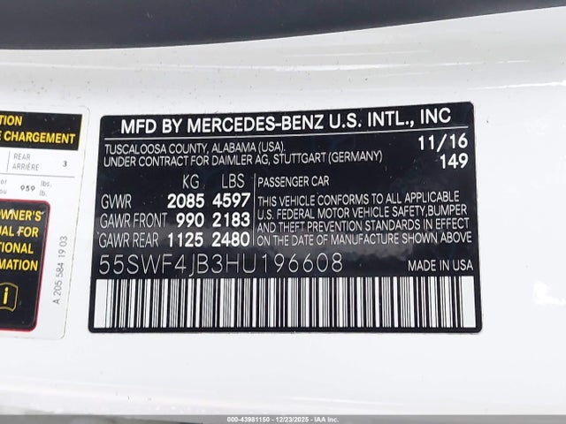 55SWF4JB3HU196608 Mercedes-Benz C 300