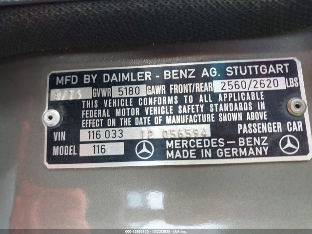 1976 Mercedes 450 Sel მანქანა იყიდება აუქციონზე, vin: 11603312056594, აუქციონის ნომერი: 43981180