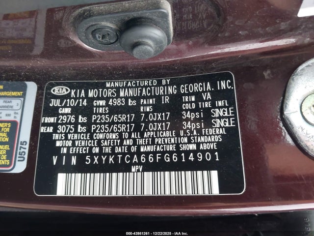 Продажа на аукционе авто 2015 Kia Sorento Lx, vin: 5XYKTCA66FG614901, номер лота: 43981261