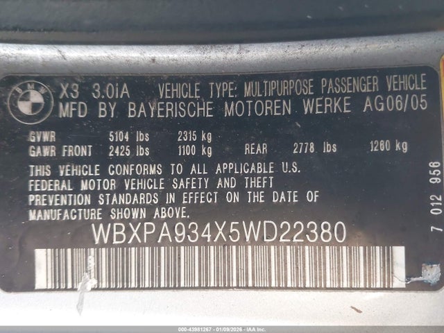 Продаж на аукціоні авто 2005 Bmw X3 3.0i, vin: WBXPA934X5WD22380, номер лоту: 43981267