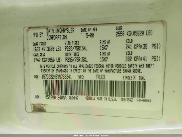 2000 DODGE DAKOTA 1B7GG22N5YS766241 Photo 8