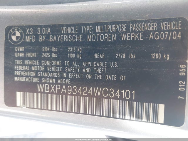 43981320 :رقم المزاد ، WBXPA93424WC34101 vin ، 2004 Bmw X3 3.0i مزاد بيع