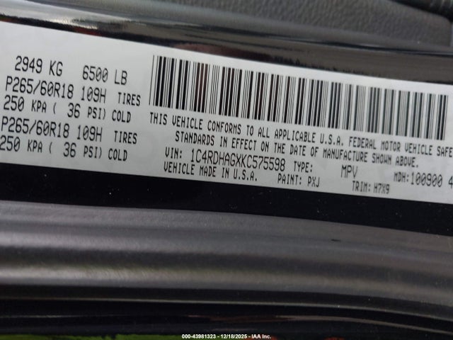 1C4RDHAGXKC575598 Dodge Durango Sxt Rwd