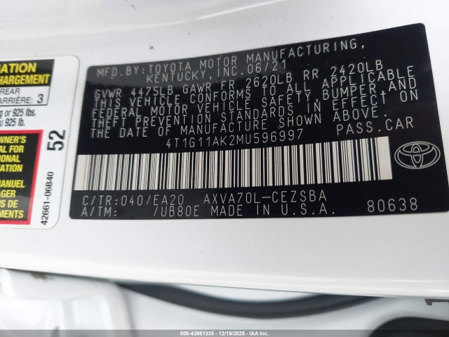 Toyota CAMRY SE 2021 4T1G11AK2MU596997 Image 9