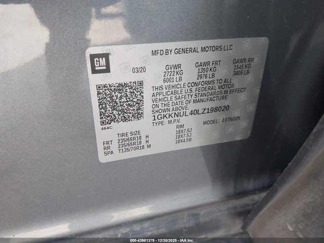 1GKKNUL40LZ198020 GMC Acadia Awd Slt