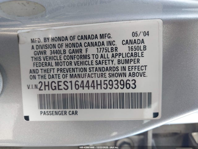 2004 HONDA CIVIC 2HGES16444H593963 Photo 8