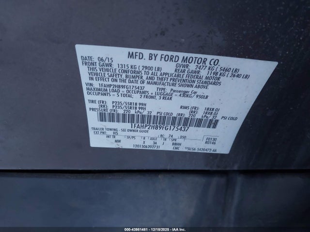 Ford TAURUS SEL 2015 1FAHP2H89FG175437 Image 9