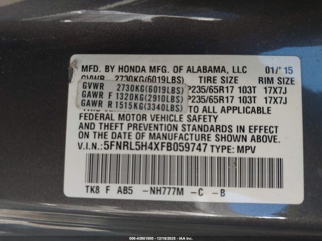 5FNRL5H4XFB059747 Honda ODYSSEY EX