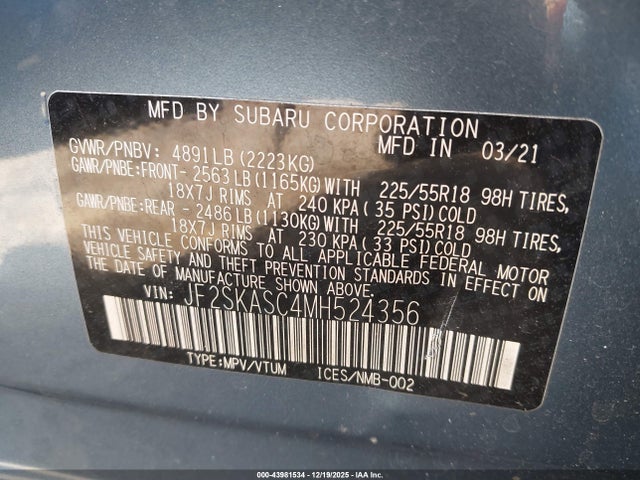 Subaru Forester Limited 2021 JF2SKASC4MH524356 Image 9
