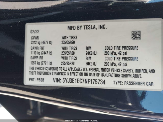 43981545 :رقم المزاد ، 5YJ3E1EC7NF175734 vin ، 2022 Tesla Model 3 Performance Dual Motor All-wheel Drive مزاد بيع