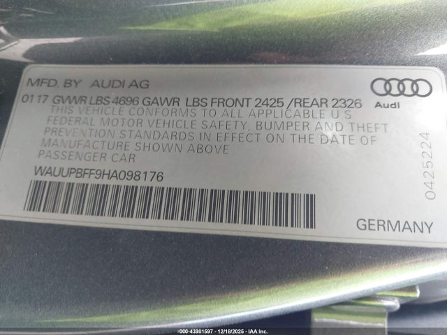 Aukcja sprzedaży 2017 Audi A3 E-tron 1.4t Premium, vin: WAUUPBFF9HA098176, numer aukcji: 43981597