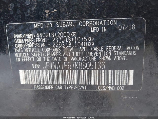 Subaru Wrx Premium 2019 JF1VA1F67K8805136 Image 9