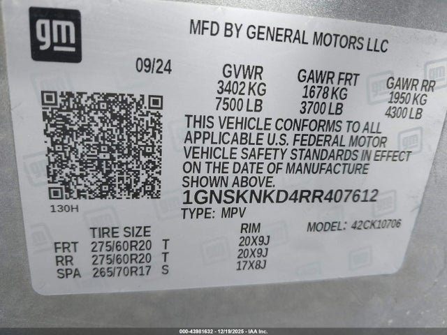 1GNSKNKD4RR407612 Chevrolet Tahoe 4wd Lt