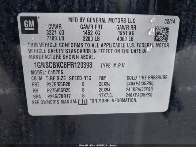1GNSCBKC8FR120398 Chevrolet Tahoe Lt
