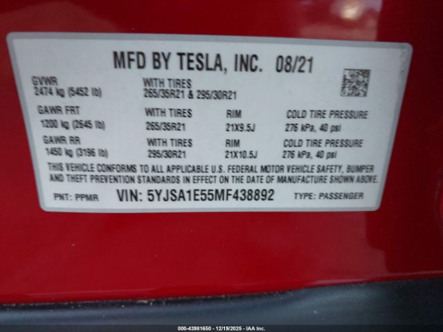 2021 TESLA MODEL S 5YJSA1E55MF438892 Photo 8