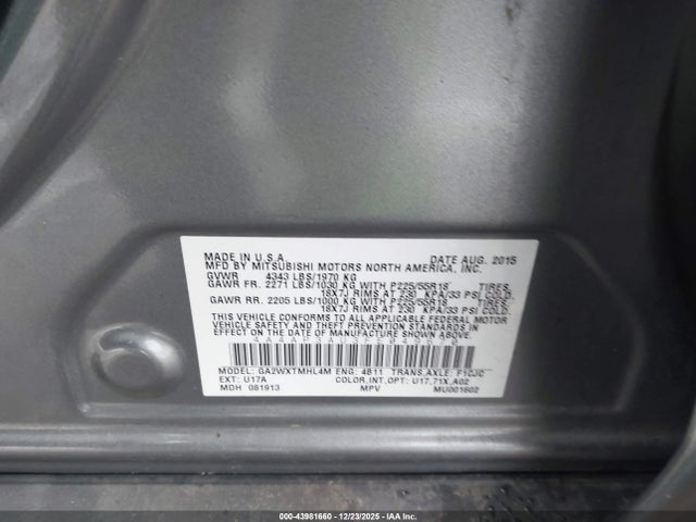 Aukcja sprzedaży 2015 Mitsubishi Outlander Sport Es, vin: 4A4AP3AU3FE049670, numer aukcji: 43981660