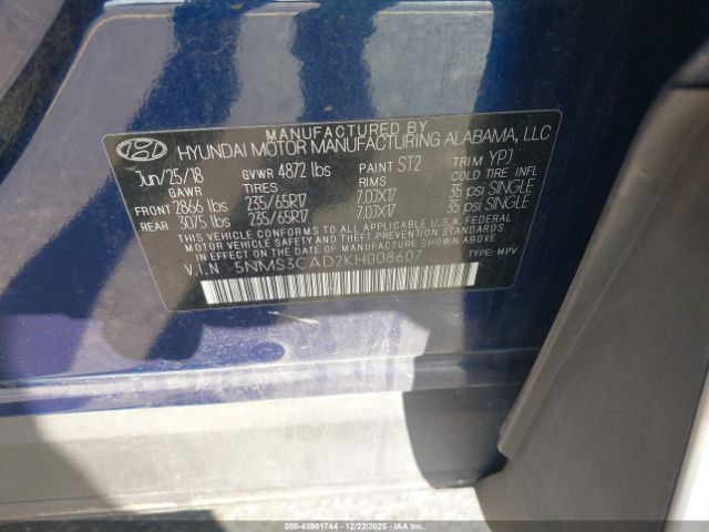 2019 HYUNDAI SANTA FE 5NMS3CAD2KH008607 Photo 8