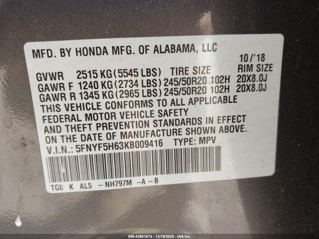 5FNYF5H63KB009416 Honda Pilot Touring