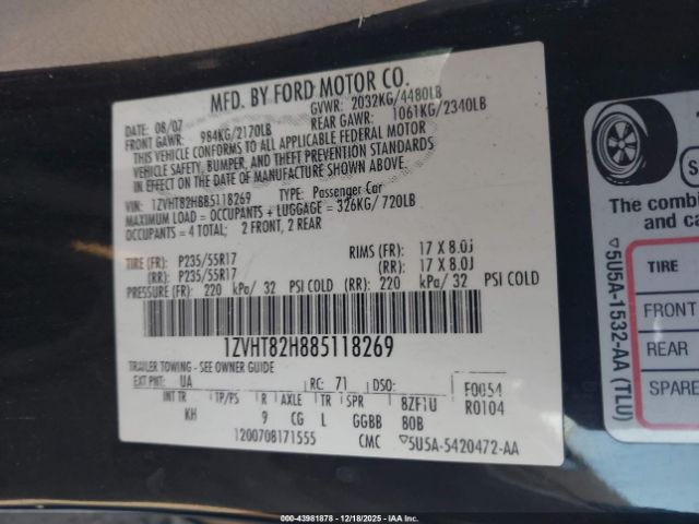 2008 FORD MUSTANG 1ZVHT82H885118269 Photo 8