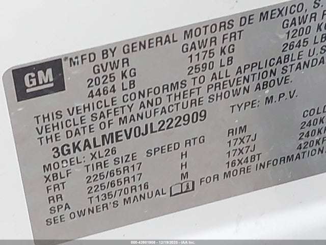 2018 Gmc Terrain Sle მანქანა იყიდება აუქციონზე, vin: 3GKALMEV0JL222909, აუქციონის ნომერი: 43981908