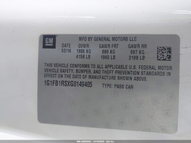 1G1FB1RSXG0149405 Chevrolet Camaro 1lt
