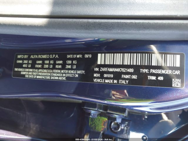 2019 ALFA ROMEO GIULIA ZARFAMAN4K7621489 Photo 8